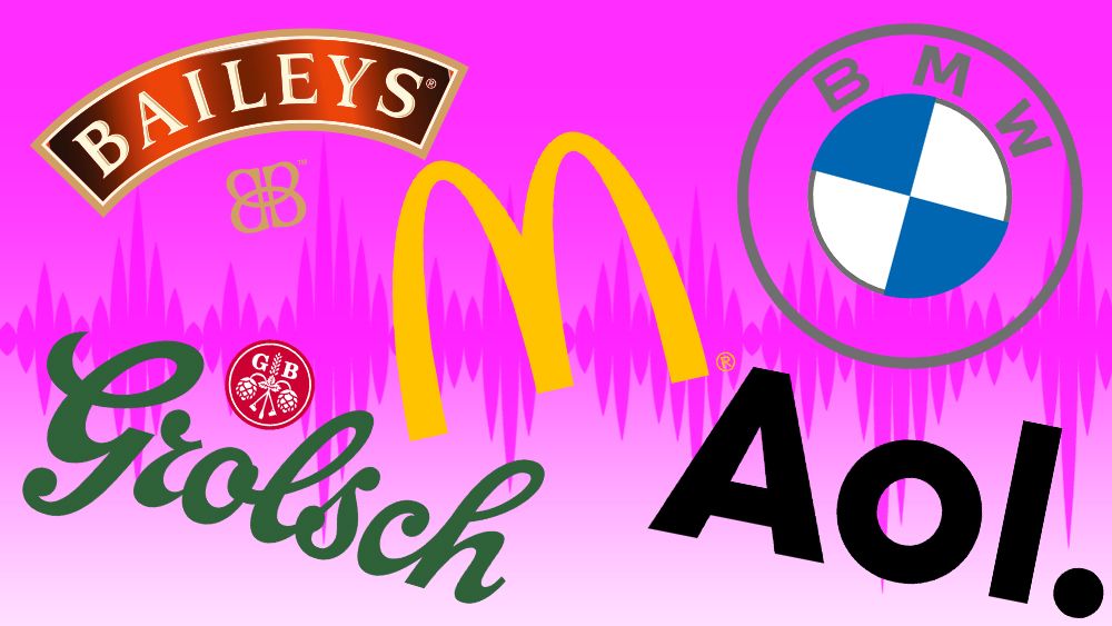 Grolsch, Baileys, McDonald&#039;s, BMW, AOL logos on a pink background with a soundwave on it