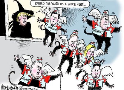 Political cartoon U.S. Trump Fox &amp; Friends Sean Hannity Rush Limbaugh LeRoy Carlson