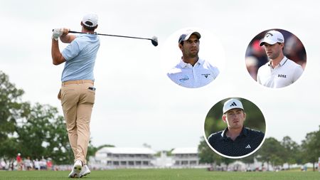 Scottie Scheffler hits a tee shot with a driver, while Nick Dunlap, Aaron Rai and Thomas Detry wait to hit