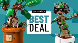 Lego Mandrake and Dancing Groot sets on either side of a GamesRadar+ best deal badge, against an aqua background