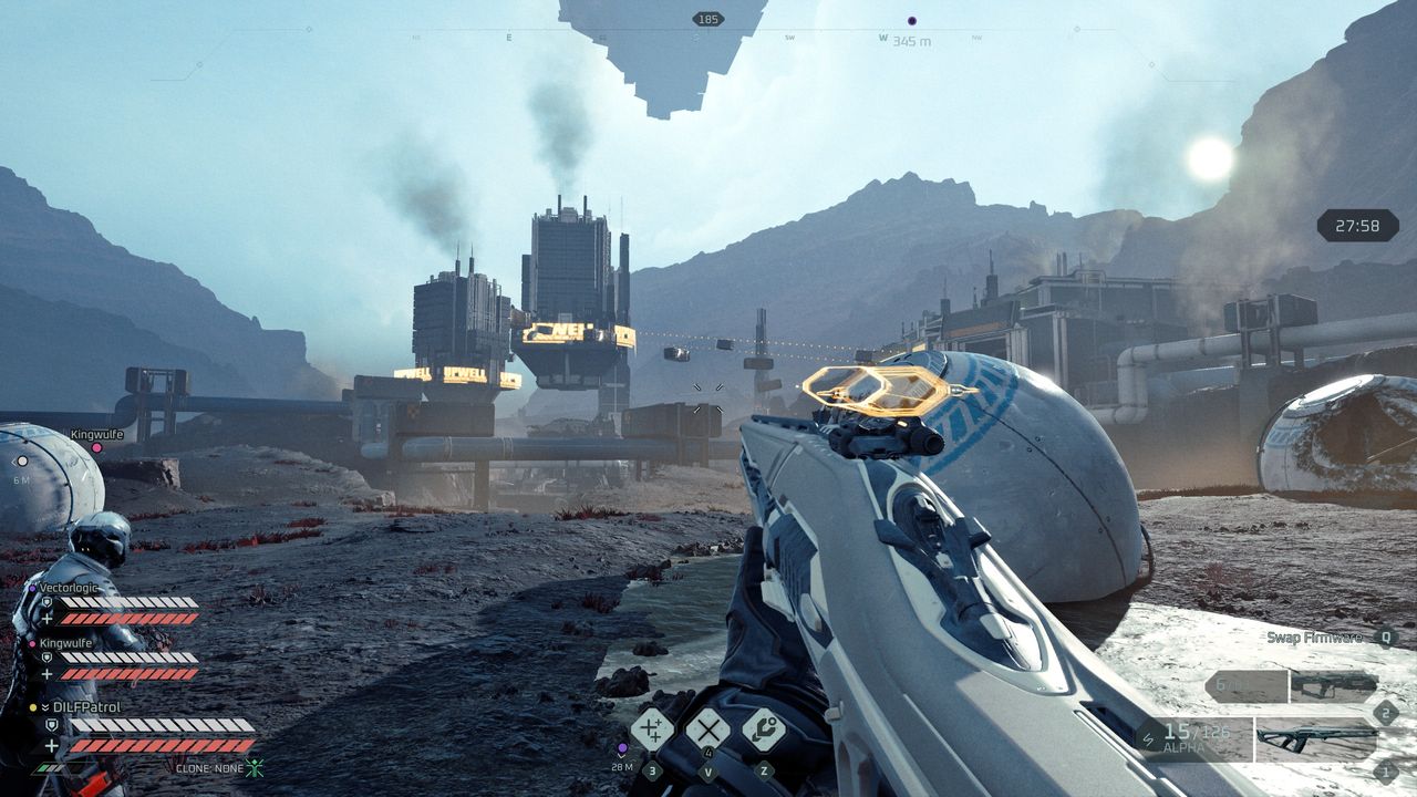 Looking out at megastructures holding sniper rifle in EVE Vanguard