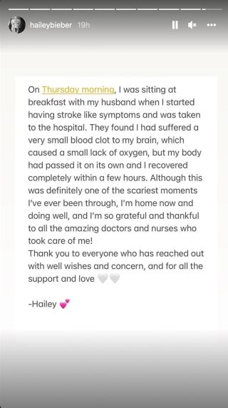 Hailey Bieber updates fans on hospitalization from blood clot.