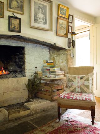vintage chair by fireplace