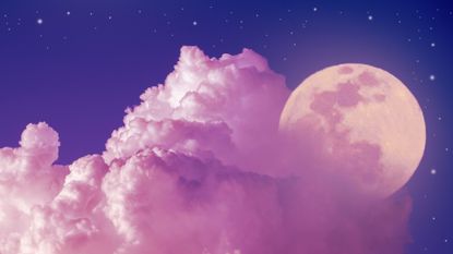 Image of Moon, clouds, stars, and sky with pink and purple color scheme.