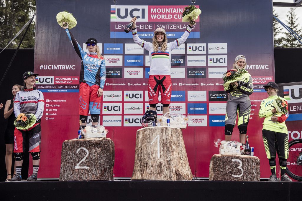The women's Lenzerheide World Cup podium with Rachel Atherton standing top