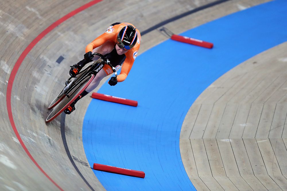 Hetty van de Wouw of the Netherlands competes in the Women's Sprint Qualifying on day two of the UCI Track Cycling World Championships