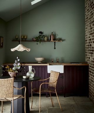 Green kitchen walls and ceiling, purple base cabinets