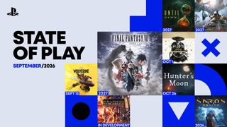 A PlayStation State of Play promotional graphic featuring various video game titles, release dates, and abstract blue geometric shapes on a light background.