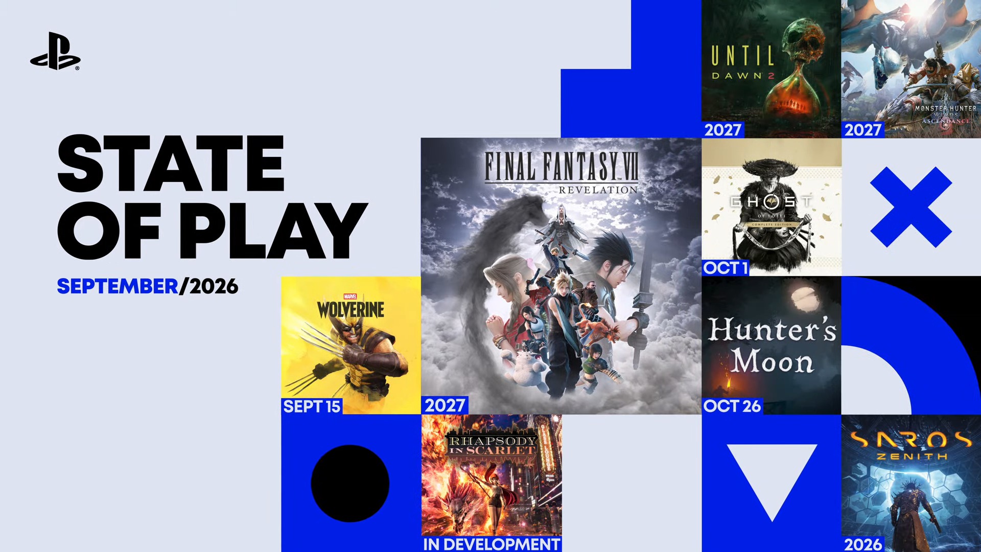 A PlayStation State of Play promotional graphic featuring various video game titles, release dates, and abstract blue geometric shapes on a light background.