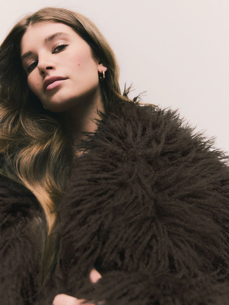 Next, Brown Shaggy Faux Fur Coat