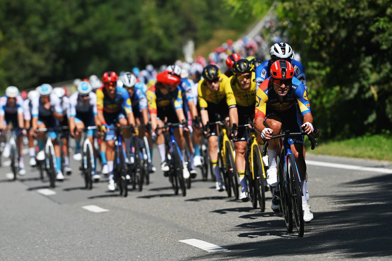 Milan's Lidl-Trek team lead the peloton earlier in the stage