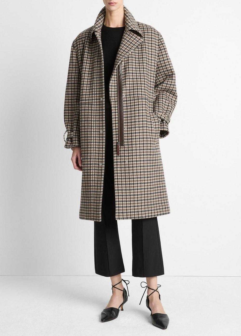 Faux-Leather-Trim Plaid Car Coat