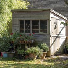 shed with potted plants and garden with wooden wall