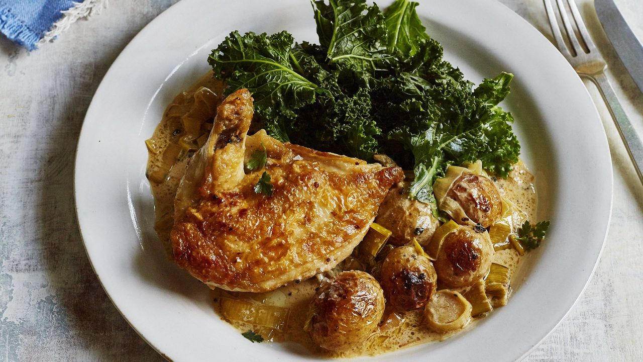 Potato leek and creme fraiche chicken with steamed kale