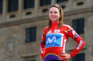 SANTIAGO DE COMPOSTELA, SPAIN - SEPTEMBER 05: Annemiek Van Vleuten of Netherlands and Movistar Team celebrates winning the red leader jersey on the podium ceremony after the 7th Ceratizit Challenge By La Vuelta 2021, Stage 4 a 107,4 km at stage from As Pontes to Santiago de Compostela / @ChallengeVuelta / #CERATIZITChallenge21 / on September 05, 2021 in Santiago de Compostela, Spain. (Photo by Stuart Franklin/Getty Images)