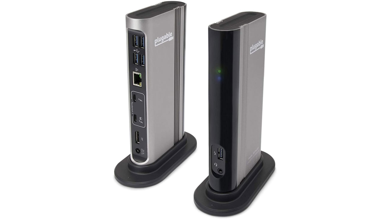 Plugable Thunderbolt 3 Dock standing vertical, front and rear views