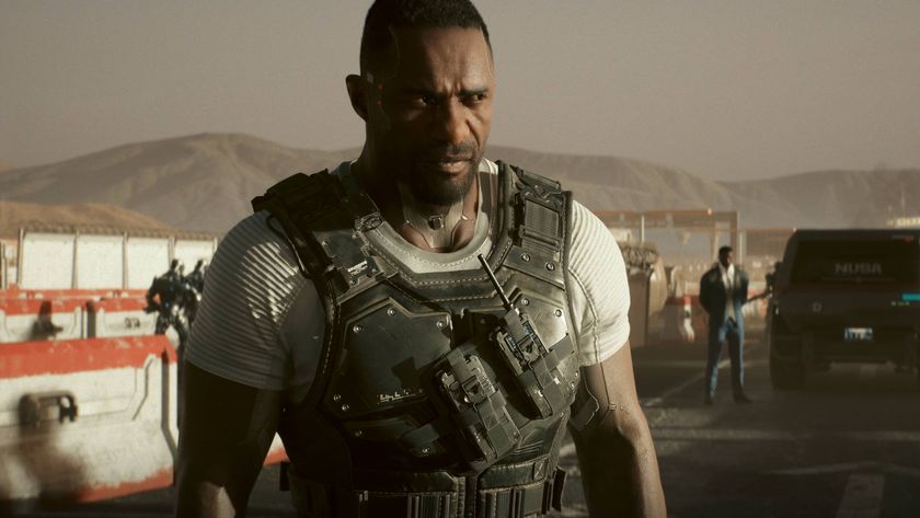 Reed in Cyberpunk 2077 Phantom Liberty standing with a bulletproof vest on in a desert climate on a road.