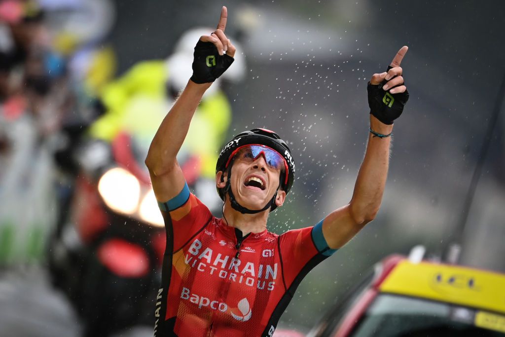 Dylan Teuns of Bahrain Victorious celebrates as he crosses the finish line to win stage 8 of the 108th edition of the Tour de France