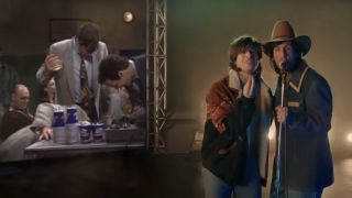 Andy Samberg and Adam Sandler singing in front of a large screen in "That's When You Break" on SNL