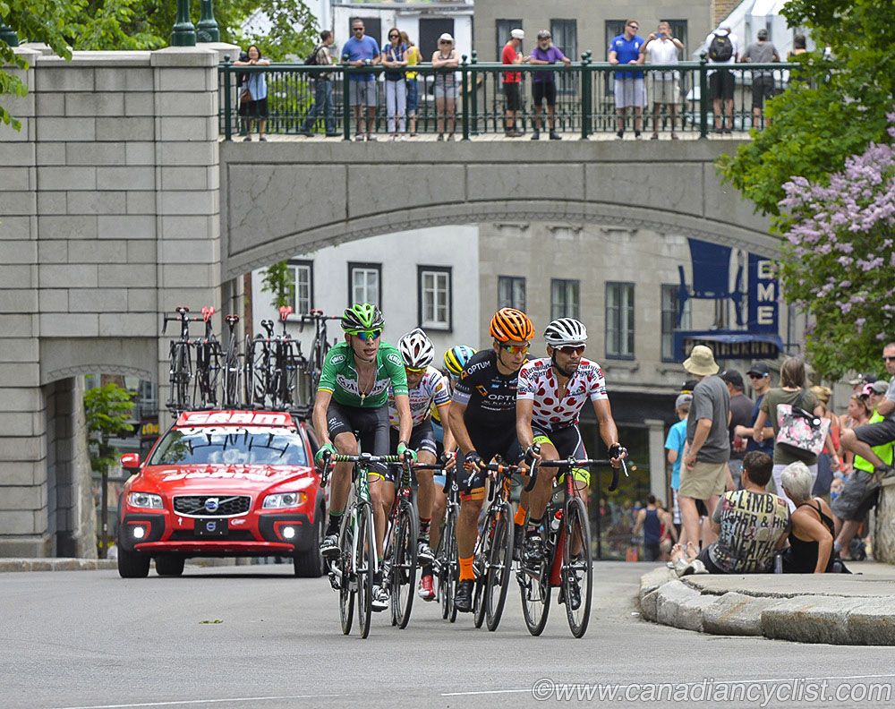 The break on stage 6 of the Tour de Beauce: Mauricio Ortega, Guillaume Boivin, Hugh Carthy, Alexander Braico, Evan Huffman.