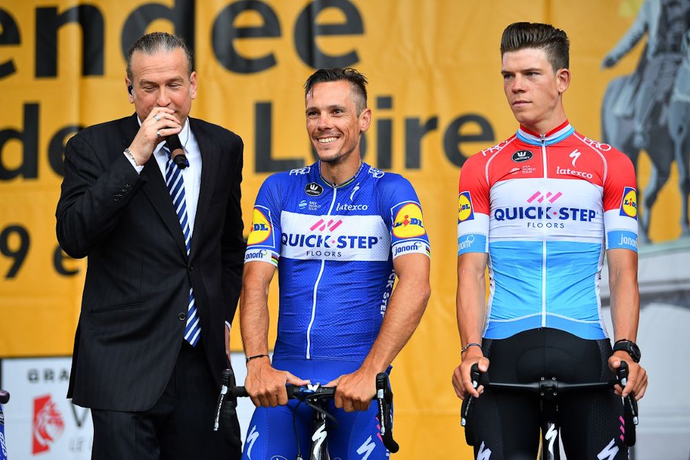Phlippe Gilbert talks to the MC at the 2018 Tour de France team presentation