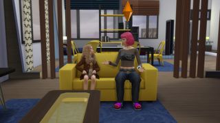 The Sims 4 - A parent and child sim chat together on the couch