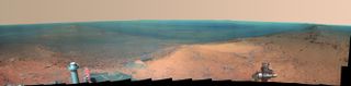 NASA's Mars rover Opportunity captured the photos that make up this panorama from the top of Cape Tribulation, a segment of the rim of Endeavour Crater, in January 2015. This version of the panorama is in false color, to highlight differences in surface materials.