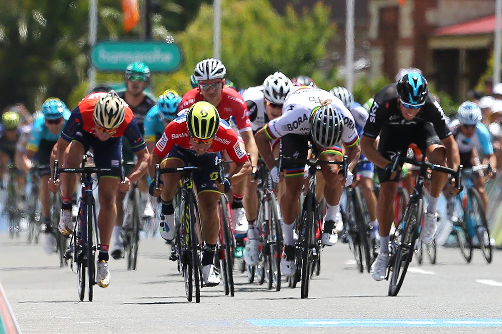 The sprinters bear down on the line during stage 3 at the Tour Down Under