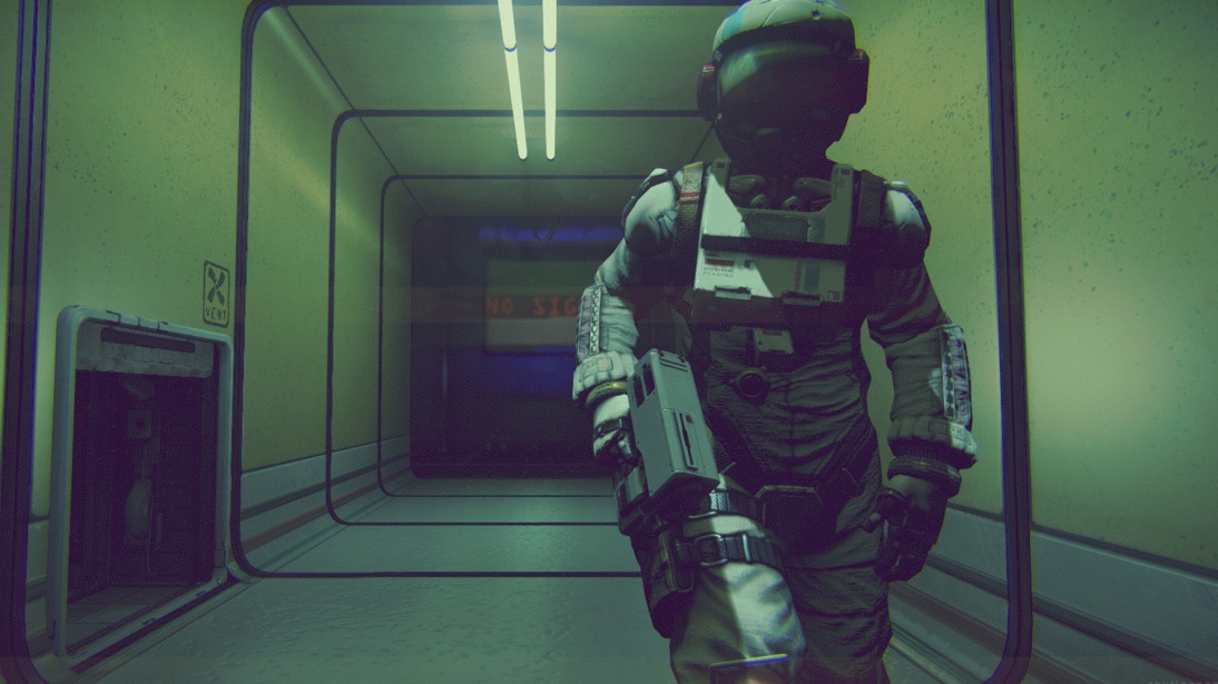 An astronaut wanders down an eerie corridor.