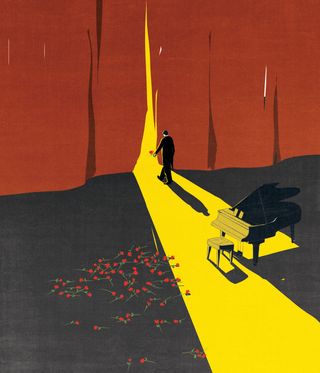 An illustration depicting a pianist on his final curtain call walking off stage towards a red curtain with his piano and chair on a stage filled with roses