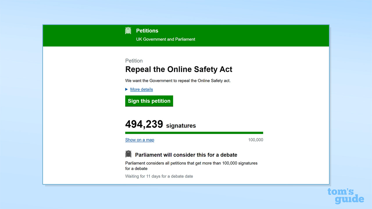 Screenshot of "Repeal the Online Safety Act" petition, showing 494,239 signatures