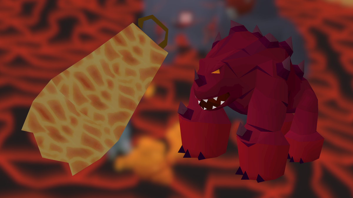 A fire cape and the boss you need to defeat in OSRS to claim it, set across a magma backdrop.