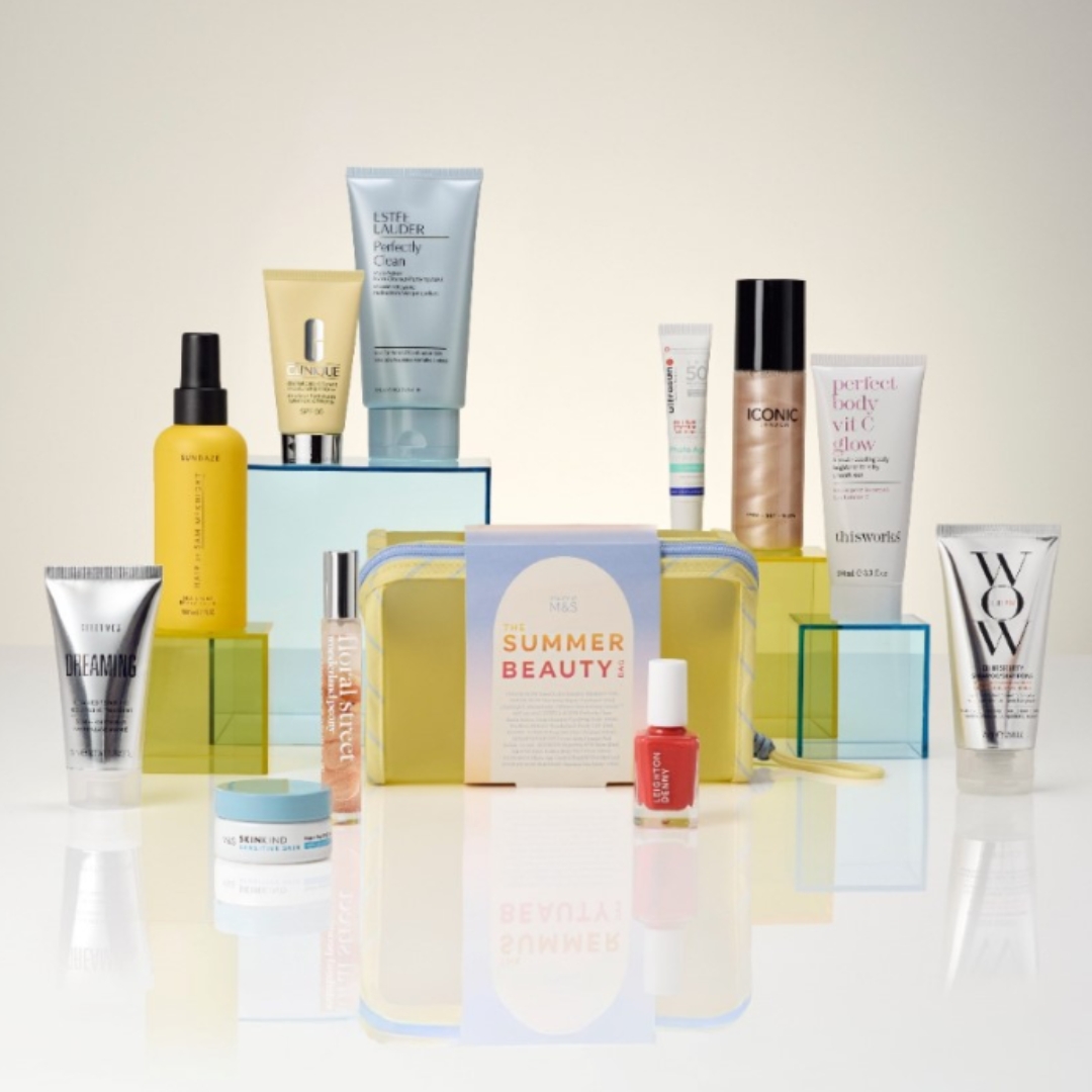 Image of the M&amp;amp;S Summer Beauty Bag 2026 and its contents in front of it