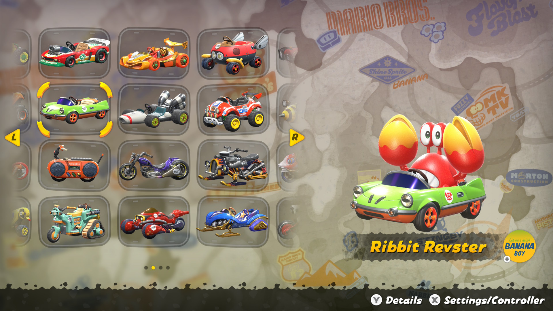 Mario Kart World kart select screen