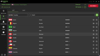 Skærmbillede af IPVanishs serverliste i Windows-appen