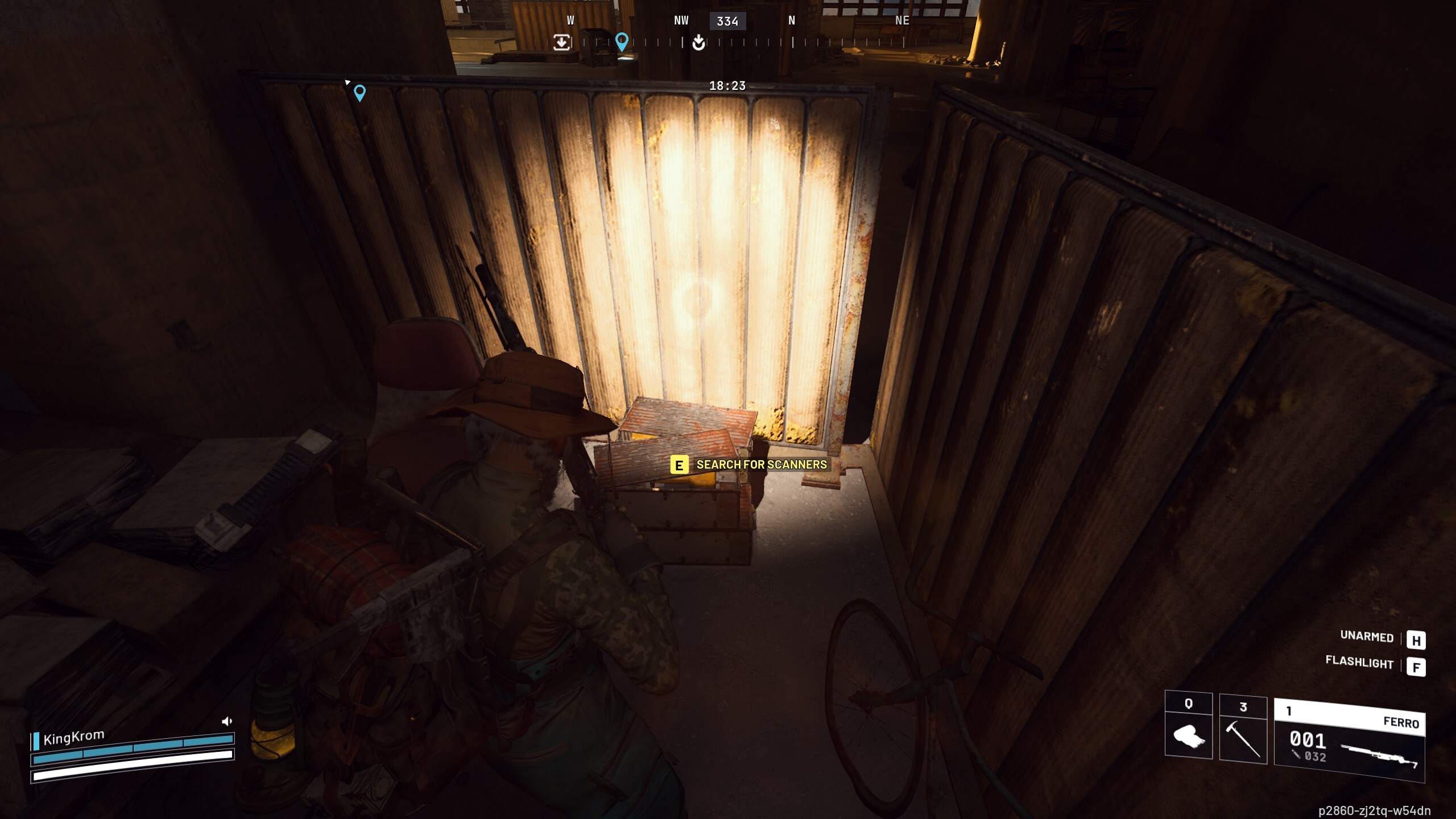 Arc Raiders Lay of the Land: A player looking at the scanner location in a metal box, with their flashlight turned on.