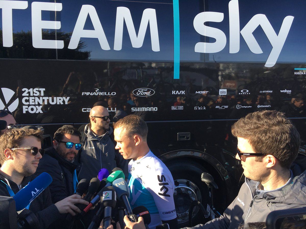 Chris Froome speaks to the media before the start of stage 1 of the Ruta del Sol