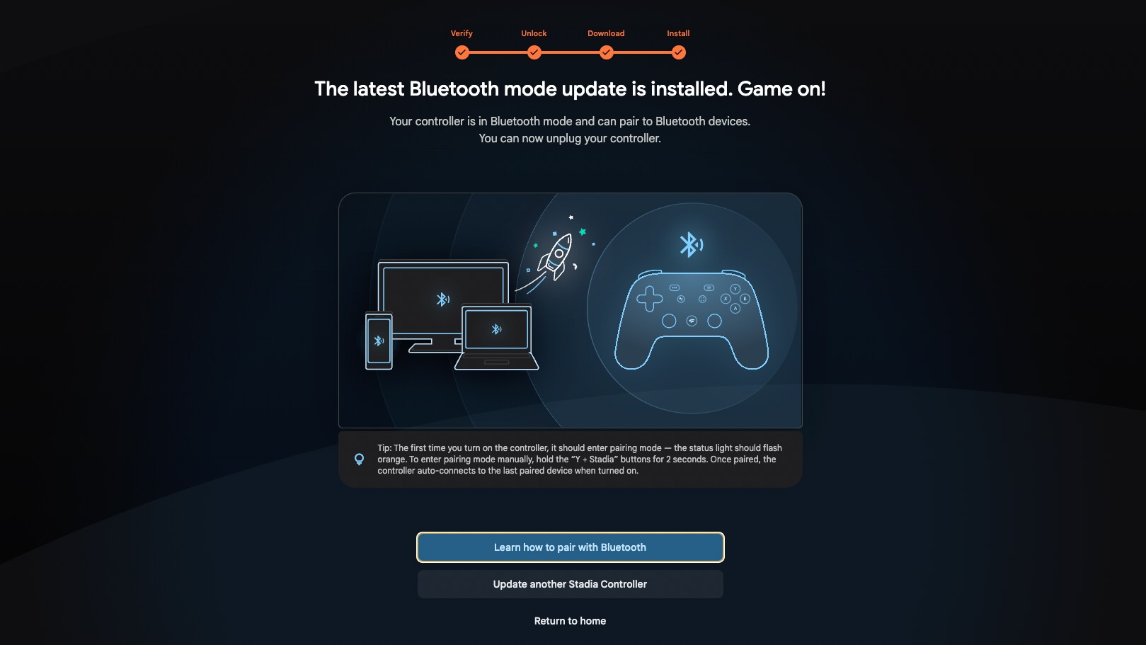 The success page shown after you install Bluetooth on the Stadia Controller.