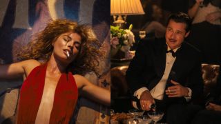 Left, Margot Robbie in Babylon in a red dress with her eyes closed smoking a cigarette. Right, Brad Pitt in Babylon wearing a suit pouring a drink. 