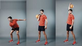 Three positions of the kettlebell clean and press exercise