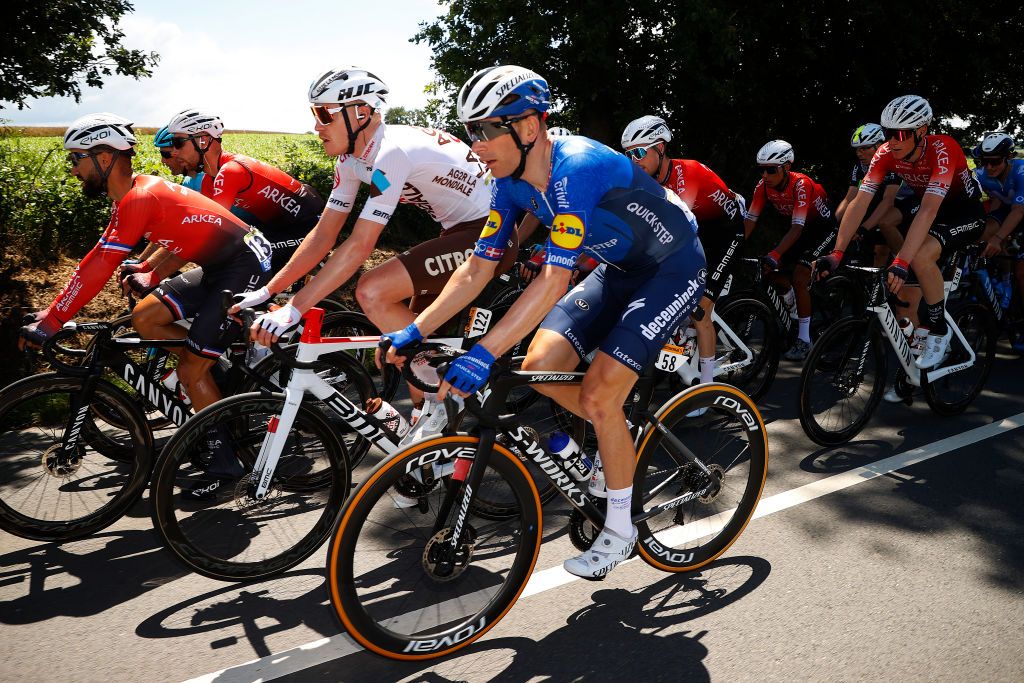 FOUGERES FRANCE JUNE 29 Nacer Bouhanni of France and Team Arka Samsic Dorian Godon of France and AG2R Citron Team Michael Mrkv of Denmark and Team Deceuninck QuickStep during the 108th Tour de France 2021 Stage 4 a 1504km stage from Redon to Fougres LeTour TDF2021 on June 29 2021 in Fougeres France Photo by Chris GraythenGetty Images
