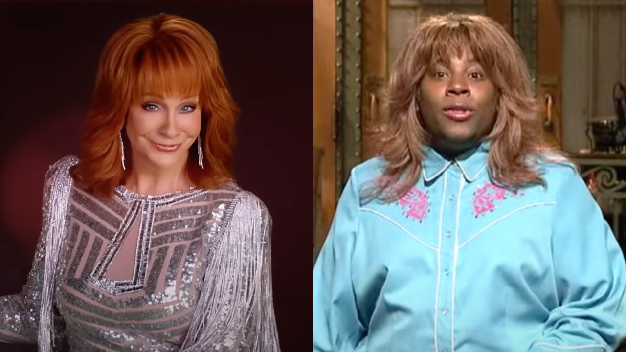 Side by side of Reba McEntire smiling on the Happy's Place teaser and Kenan Thompson impersonating McEntire on the Saturday Night Live stage.
