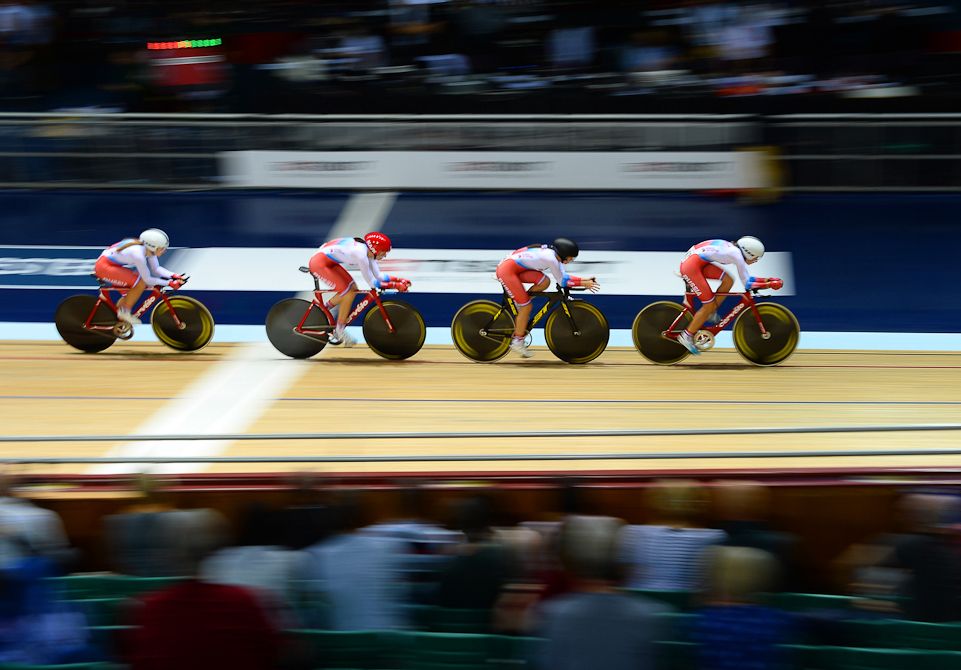 Gulnaz Badyrova, Elizaveta Oshurkova, Alexandra Goncharov and Anastasilia Iakovenko of the Russian Federation compete in the Women's Team Pursuit