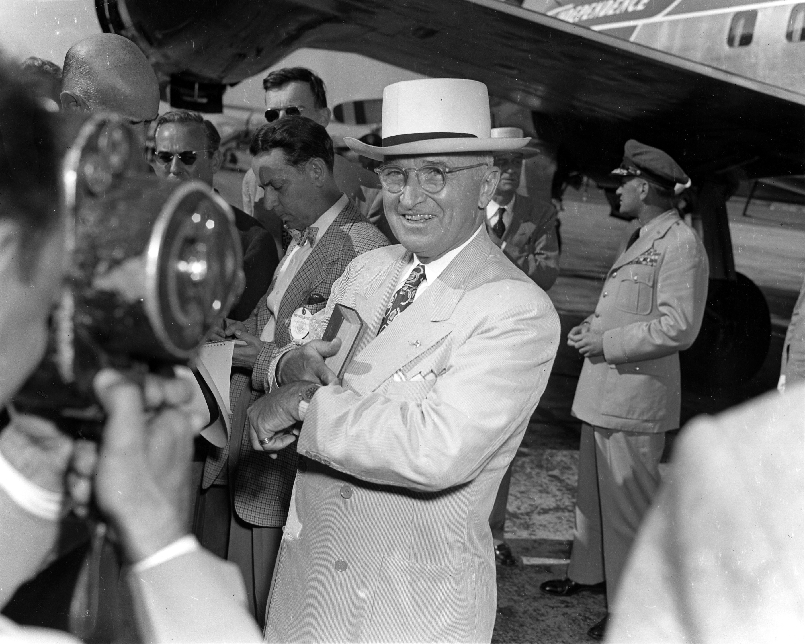 Black and white image of Harry Truman wearing a Gallet watch