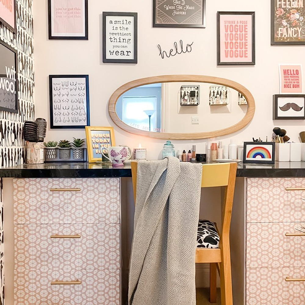 dressing room with white wall frame on wall mirror dressing table and wooden chair