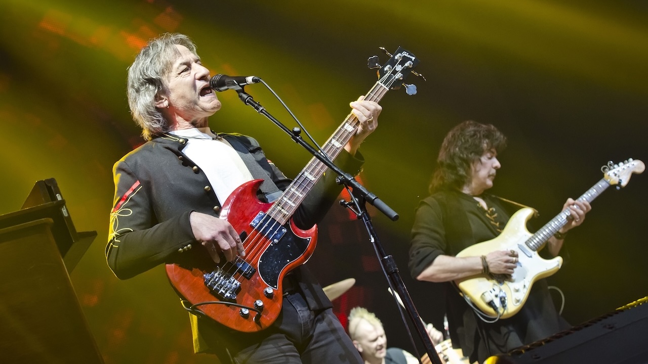 Bob Nouveau, David Keith and Ritchie Blackmore of the British band Ritchie Blackmore's Rainbow performs live on stage during a concert at the Velodrom on April 18, 2018 in Berlin, Germany.
