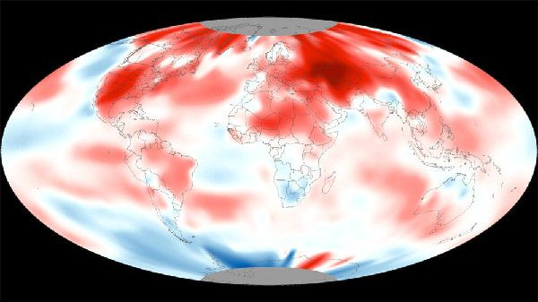 Shades of red signifies warmer than average temperatures,deviating by up to 11 degrees Fahrenheit; while shades of blue signify cooler-than average temperatures of down to 11 degrees below average for April 2012. 