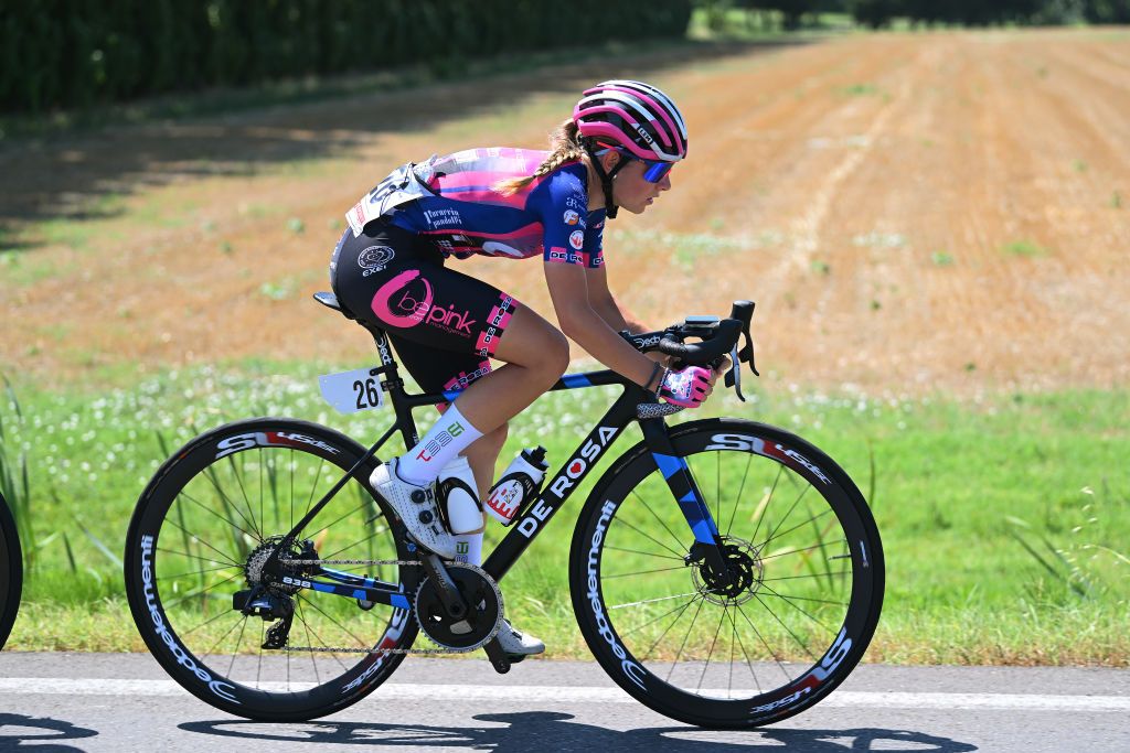 REGGIO EMILIA ITALY JULY 05 Matilde Vitillo of Italy and Team Bepink competes in the breakaway during the 33rd Giro dItalia Donne 2022 Stage 5 a 1261km stage from Carpi to Reggio Emilia GiroDonne UCIWWT on July 05 2022 in Reggio Emilia Italy Photo by Dario BelingheriGetty Images
