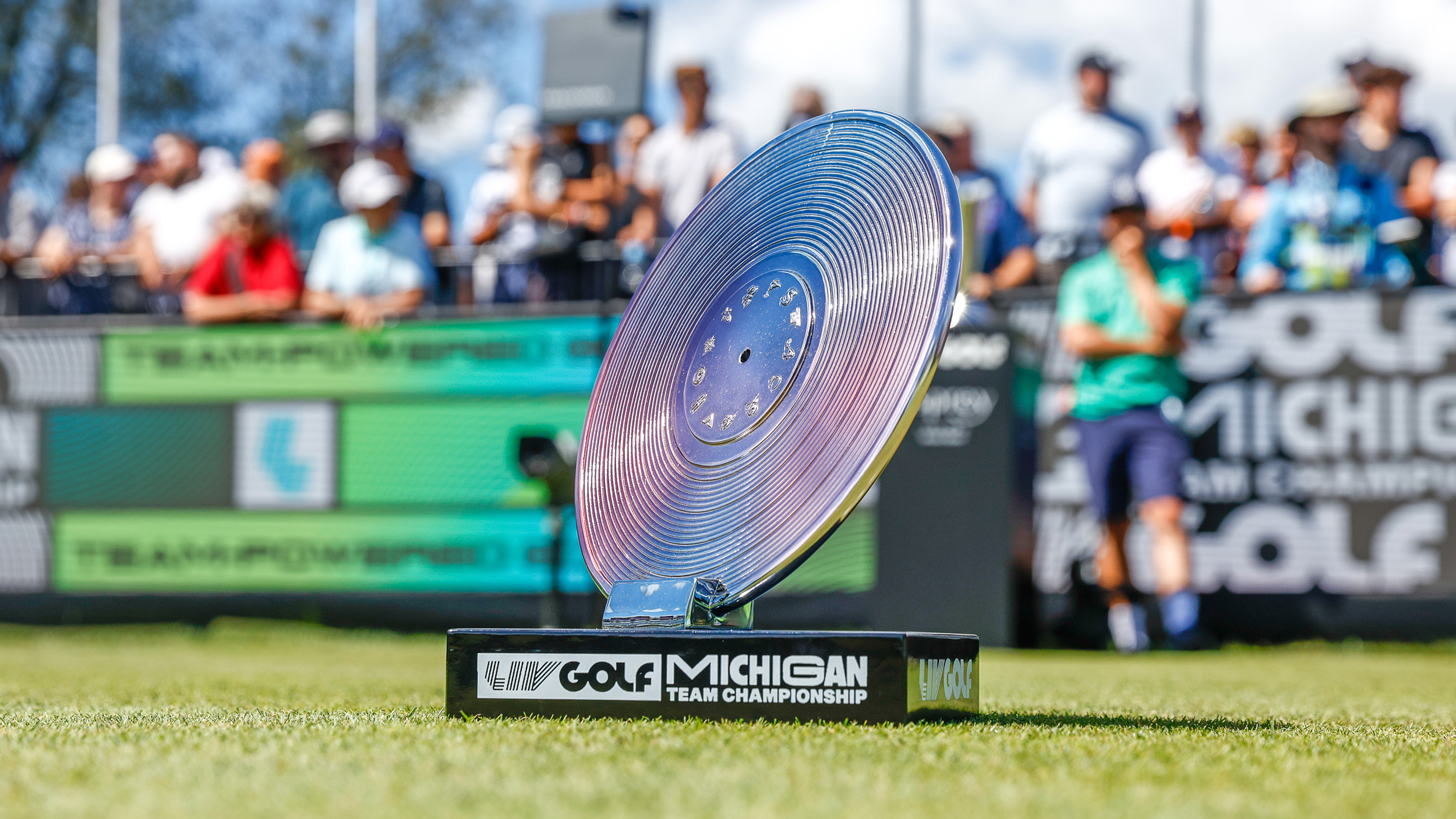 A tee marker seen at LIV Golf Michigan during the 2025 Team Championship