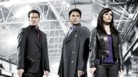 Screenshot from the 2009 mini-series Torchwood: Children of Earth showing Ianto Jones, Captain Jack Harkness, and Gwen Cooper.